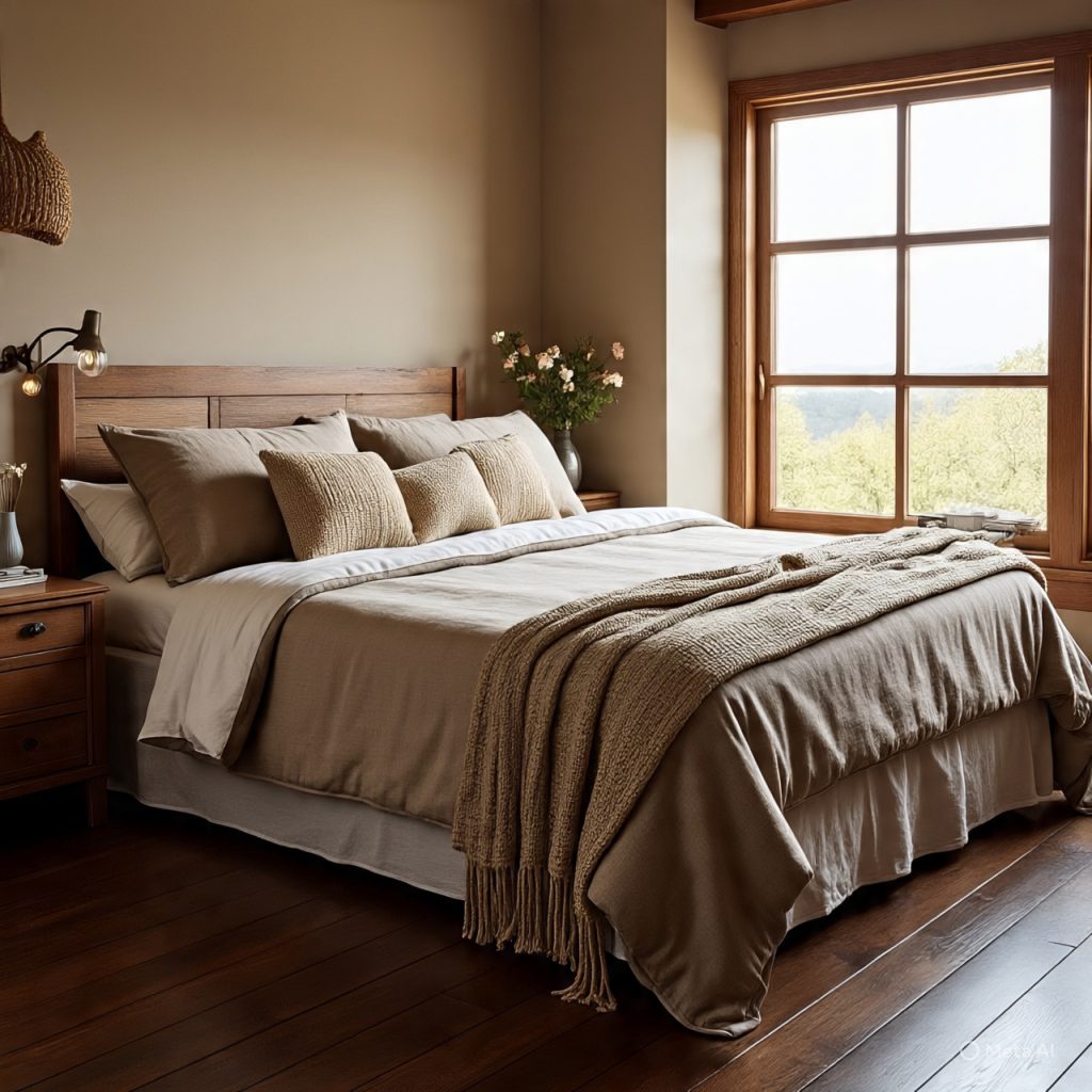 Cozy bedroom styled with natural textures and soft earthy colors.