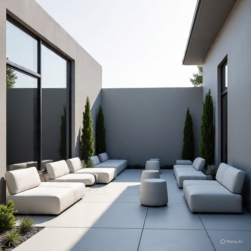 Compact patio design with modular furniture and greenery
