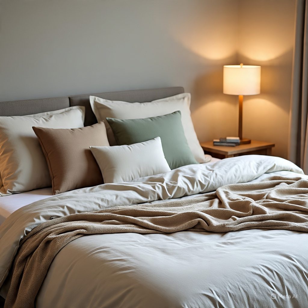 Cozy bedroom décor with layered bedding and soft fabrics showing how designers create depth and warmth