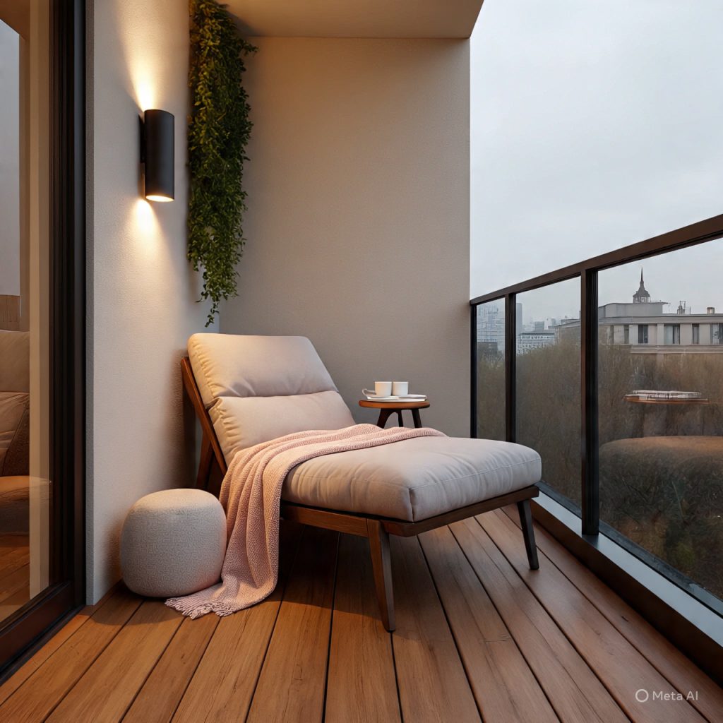 Small apartment balcony transformed into a peaceful reading nook with comfortable seating and potted plants.