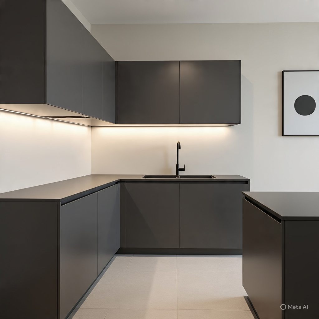 Modern small kitchen design with handleless cabinets for a clean appearance.