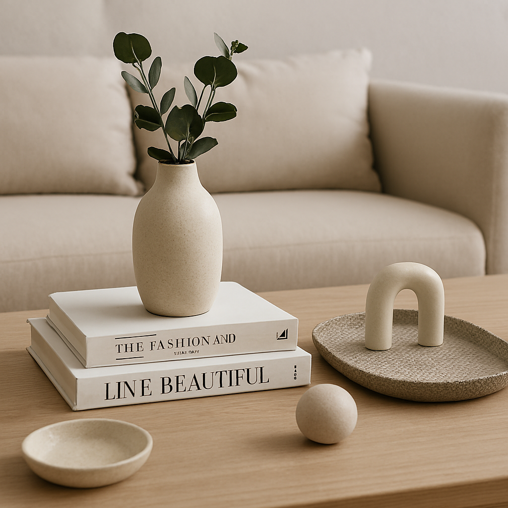 Coffee table styled with books and accessories in a professional layout