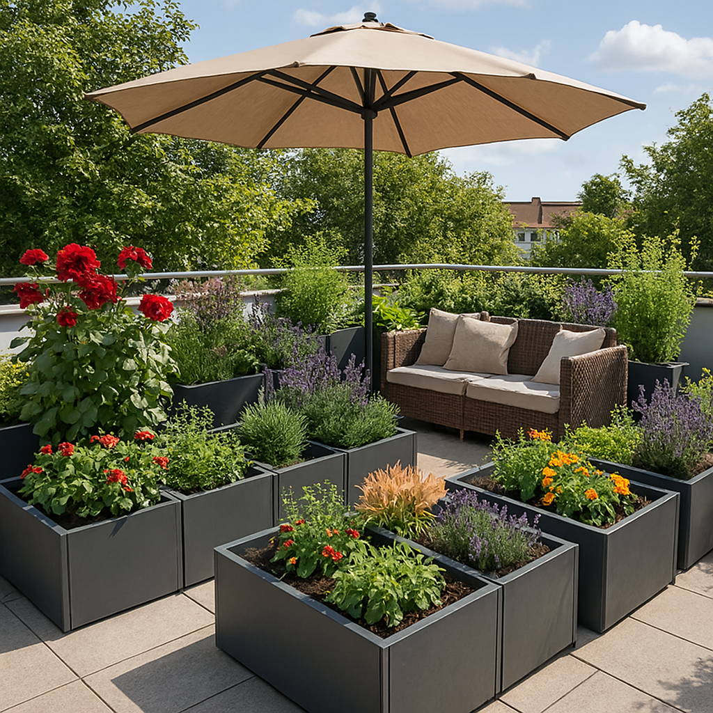 Terrace garden with modern planters and shaded seating