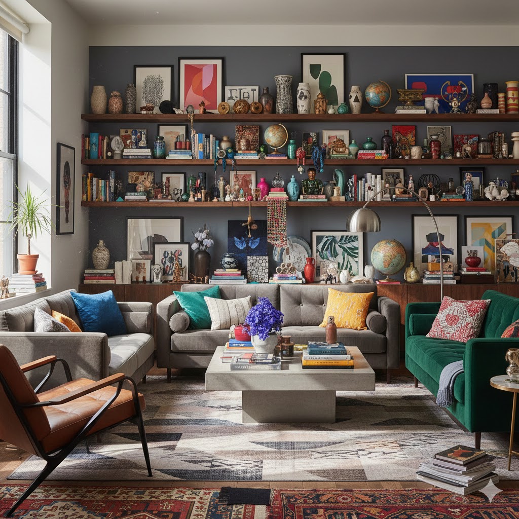 Overcrowded living room décor with excessive accessories, demonstrating clutter-related home decor mistakes that ruin visual calm
