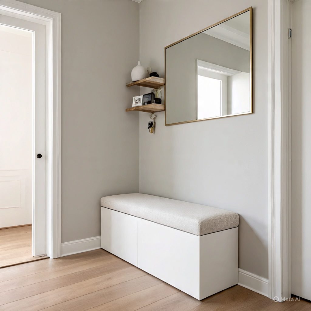 Entryway storage bench with hidden compartments for organized home entry