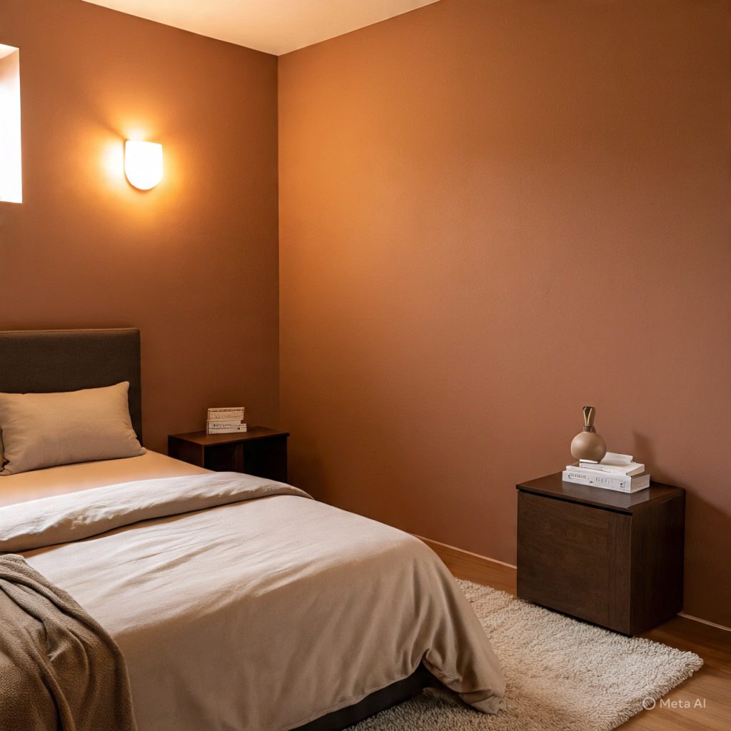 Warm Earth-Tone Bedroom Design creating a calm and cozy sleeping space.