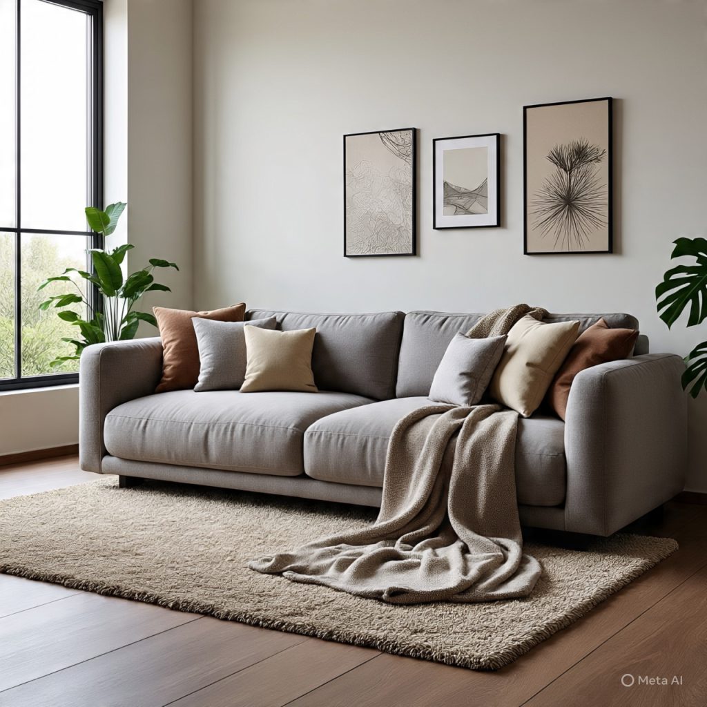 Modern living space with layered rugs and natural elements demonstrating how designers create depth through textures