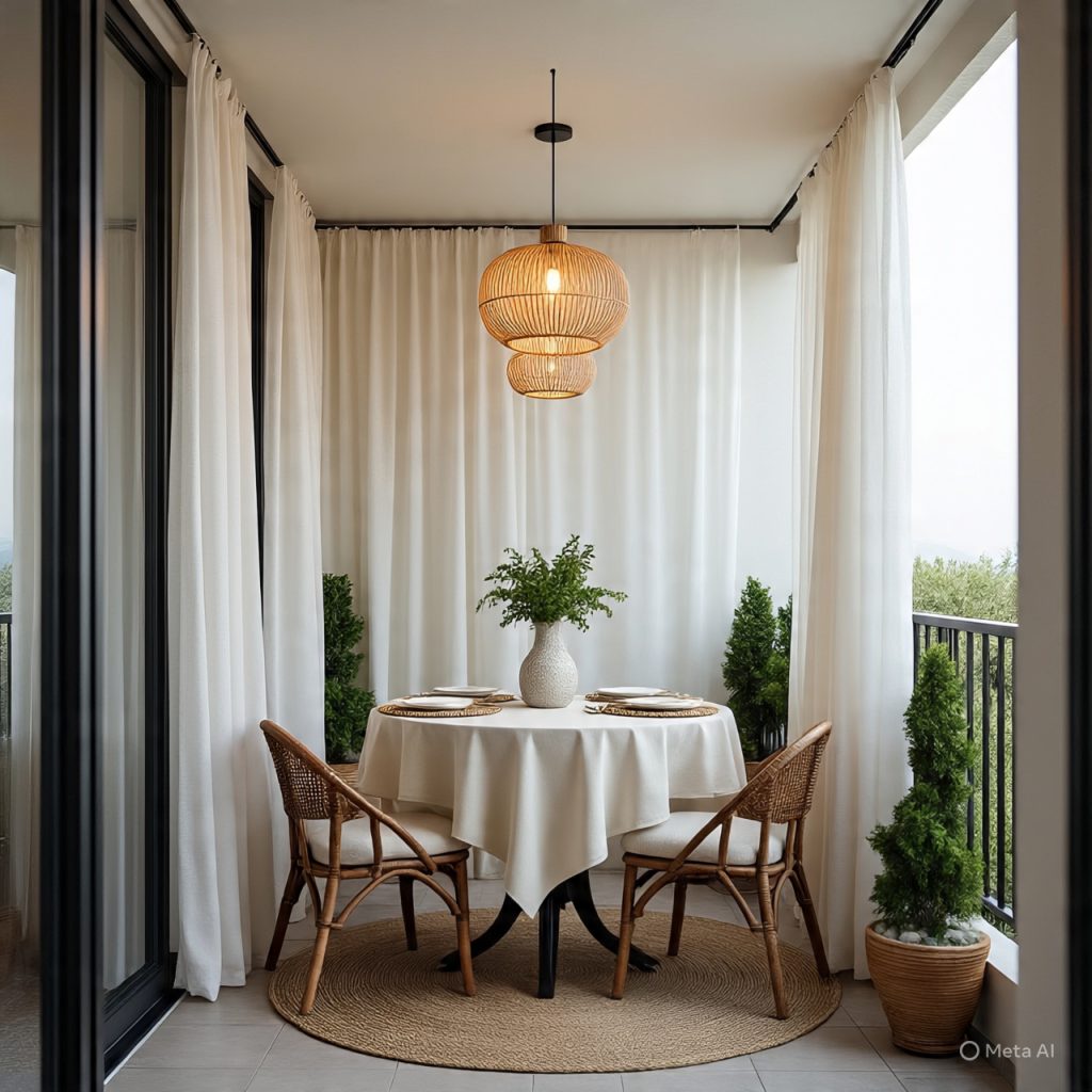 Balcony Decor Ideas featuring a stylish outdoor dining setup that feels like an extension of the home.