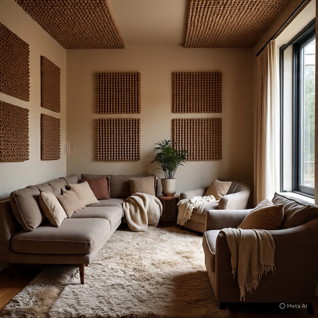 Comfort-focused living room with balanced lighting and acoustic design