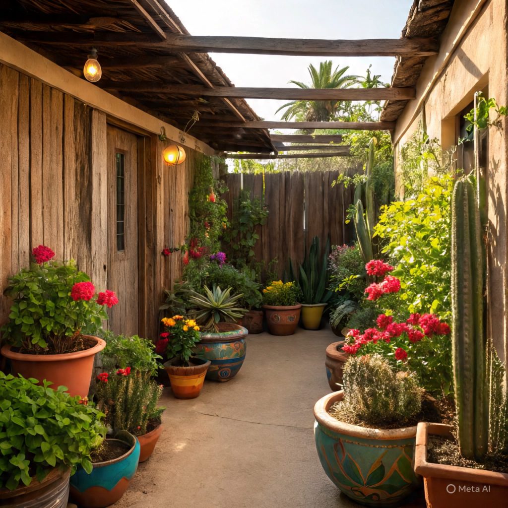 Potted plants arranged on terrace garden