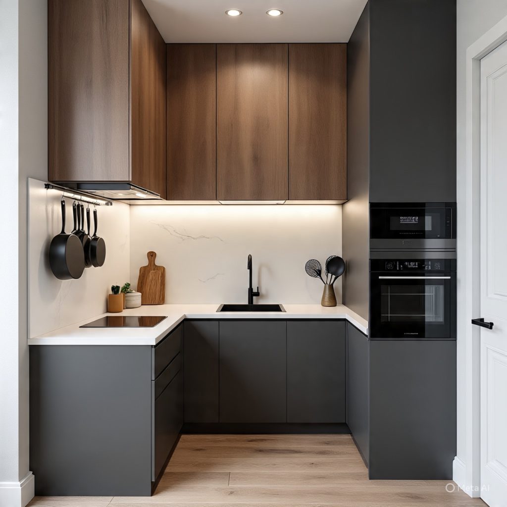 Small kitchen design idea using vertical storage to maximize space.