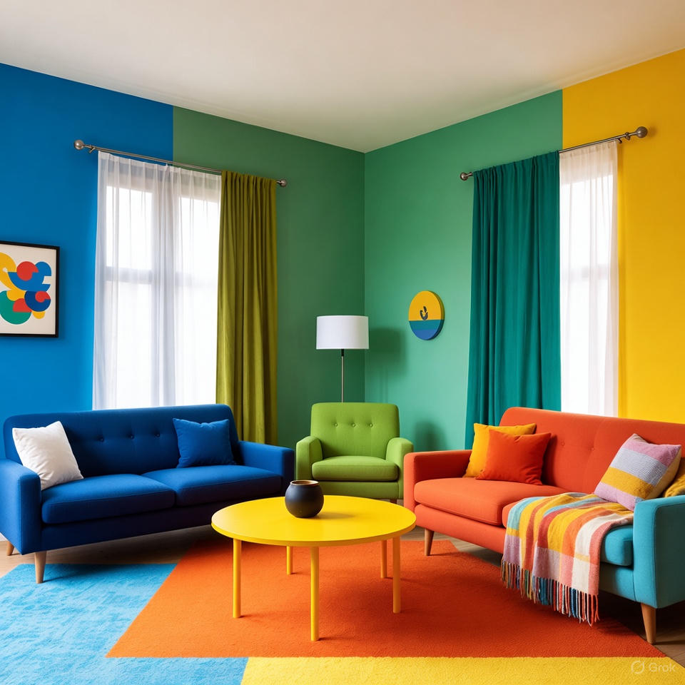 Mismatched color palette in a living room, illustrating color selection home decor mistakes that affect harmony