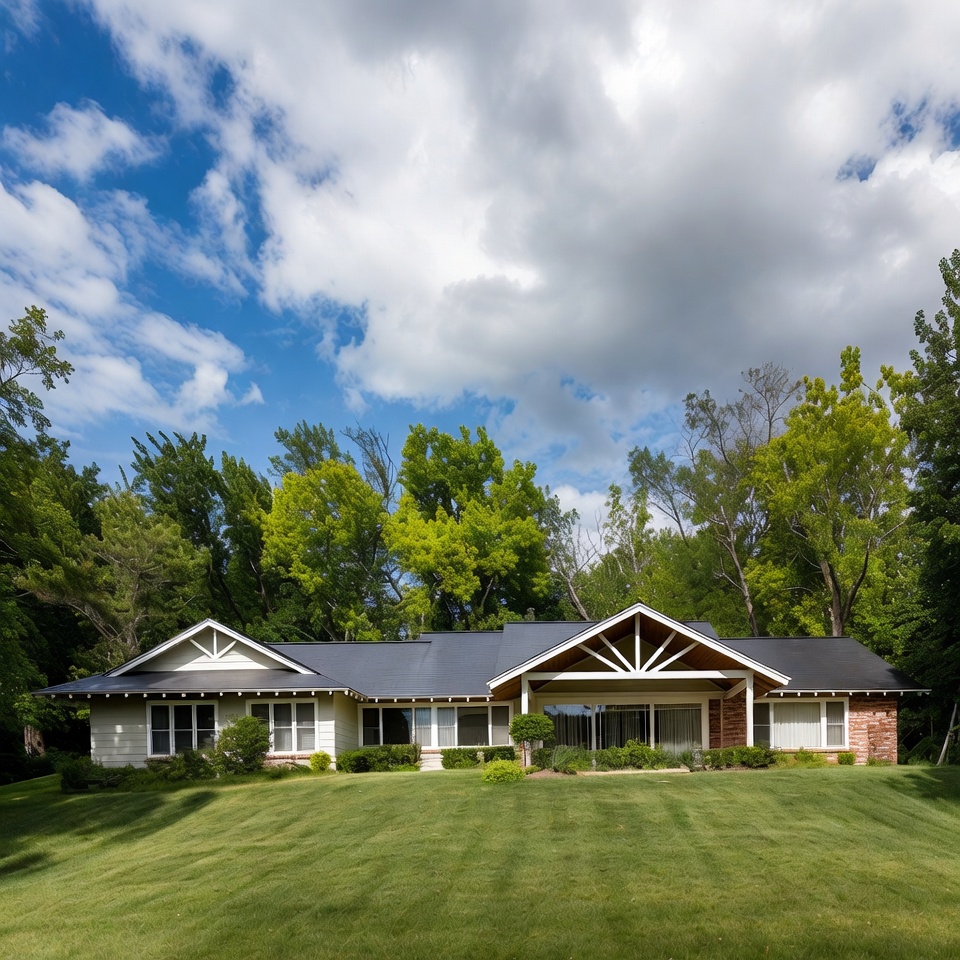 American Countryside Ranch Houses featuring gable and hip roof styles with wide eaves and horizontal design