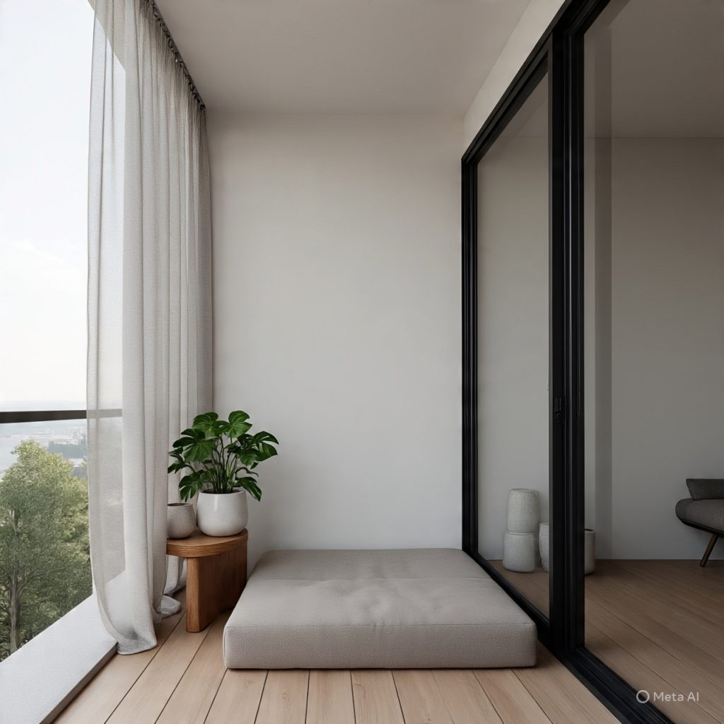Minimalist balcony design with neutral tones, floor cushions, and soft lighting creating a room-like atmosphere.