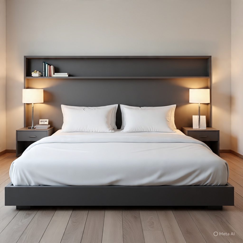 Bedroom headboard with built-in storage integrated décor shelves