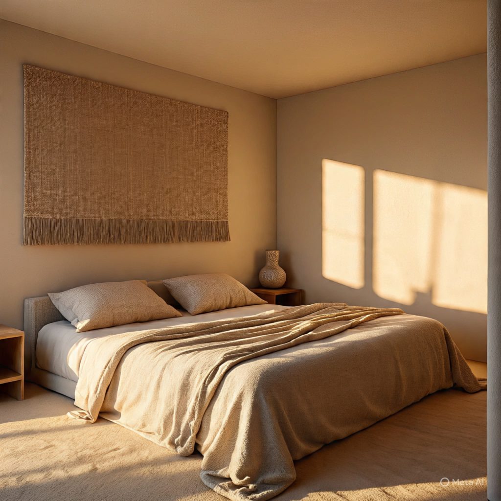 Bedroom interior with beige walls, linen bedding, and warm lighting.