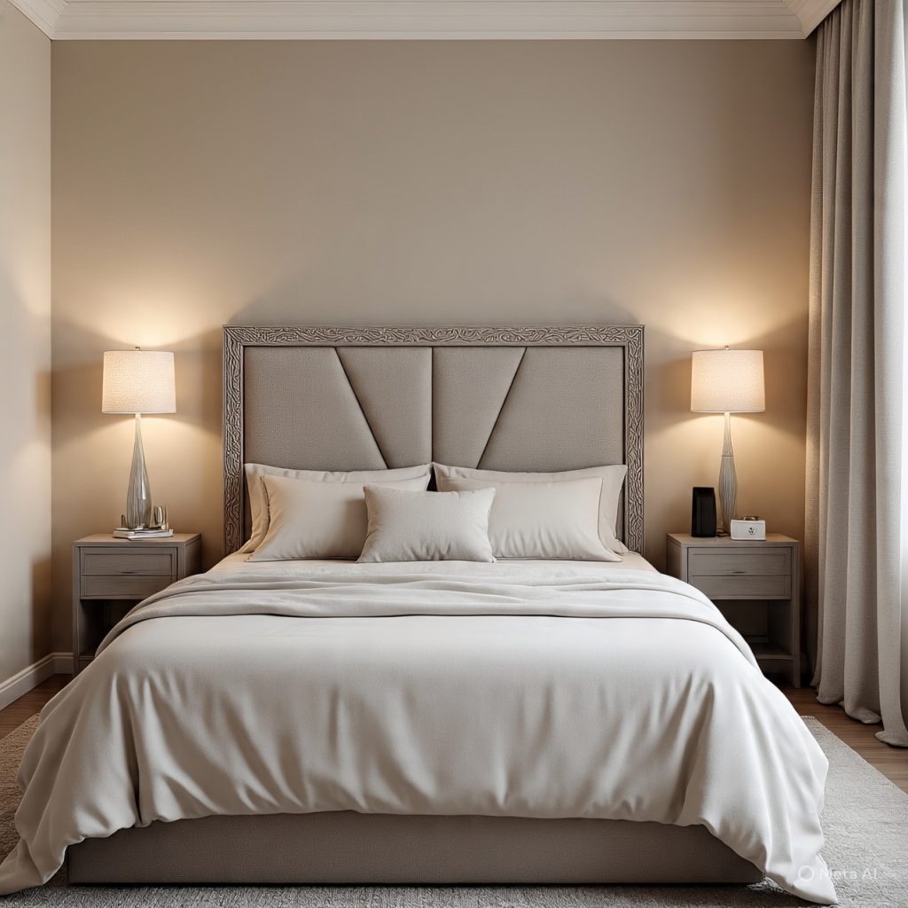 Bedroom featuring soft neutral tones and a statement headboard.