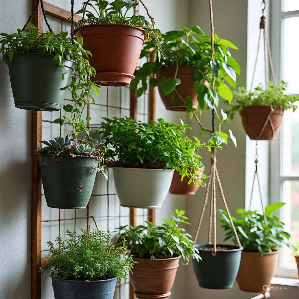 Hanging planters in balcony garden