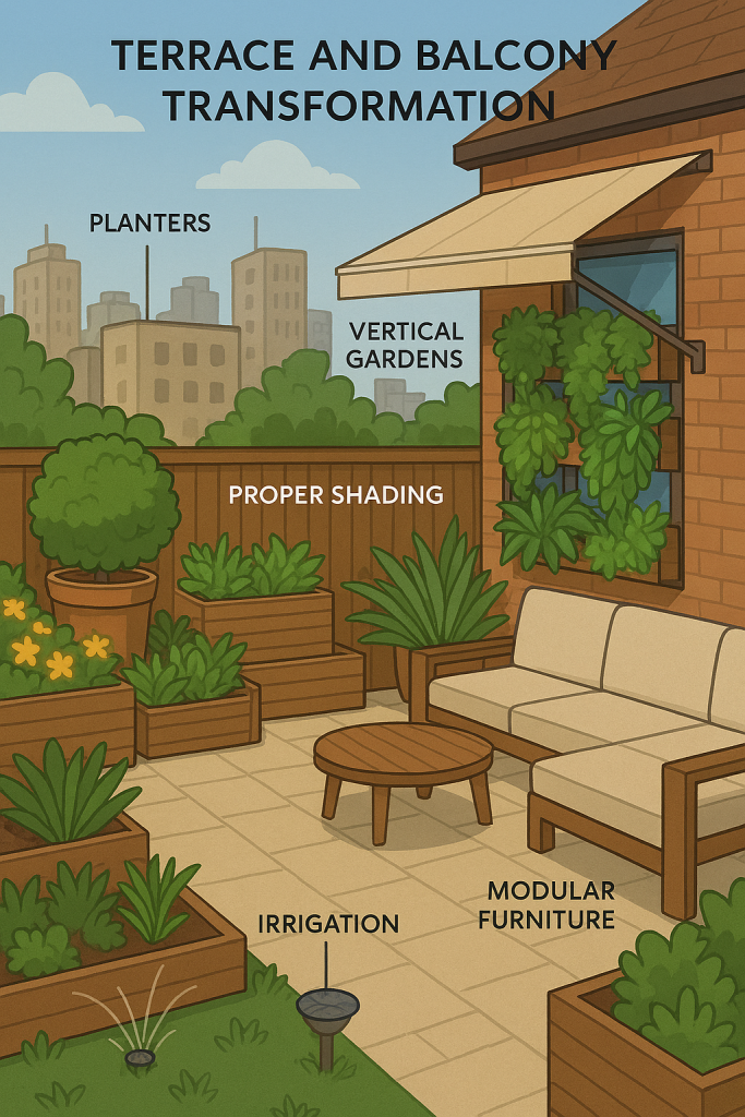 Urban balcony with modular furniture, vertical garden, planters, retractable awning, and irrigation system