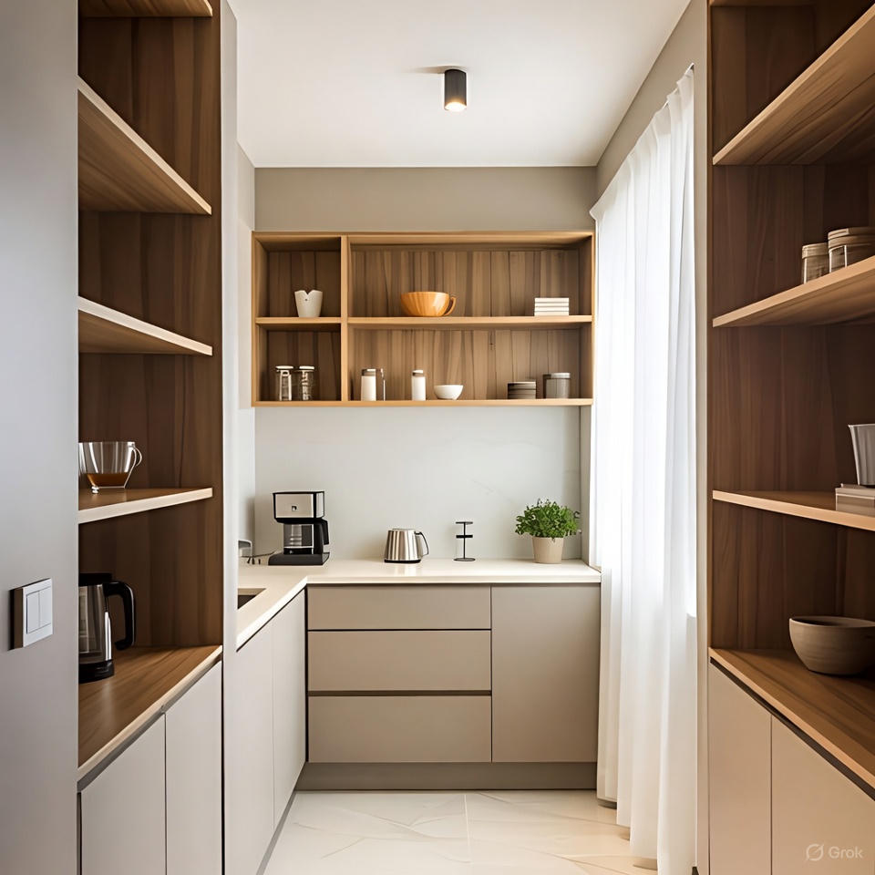 Small kitchen design idea with open shelving for an airy feel.