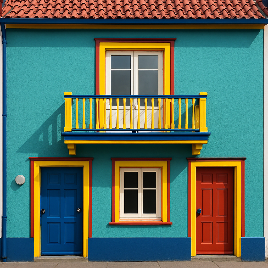 Front elevation of a home showing accent colors on trims and doors to highlight architectural details