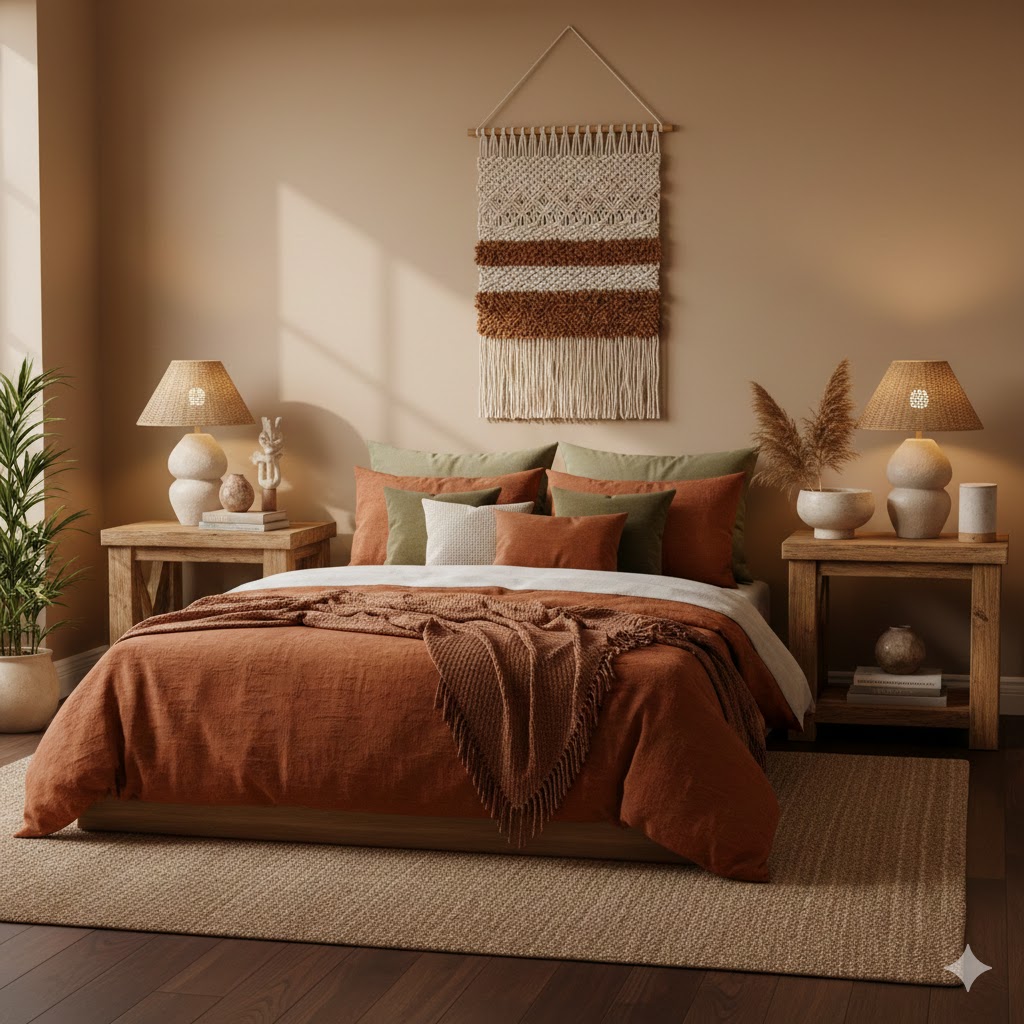 Minimal bedroom using earth tones for comfort and balance.