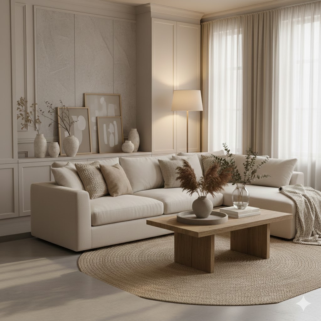 Decluttered modern living room styled with space enhancing decor tricks for a calm open feel