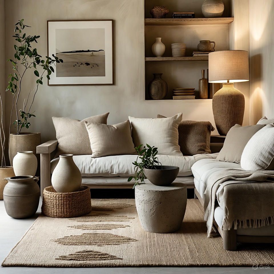 Textured cushions and woven rug enhancing a modern budget interior