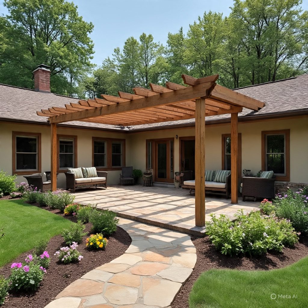 Ranch-style outdoor oasis: wooden pergola, open lawn, and durable patio, blending rustic charm with comfort