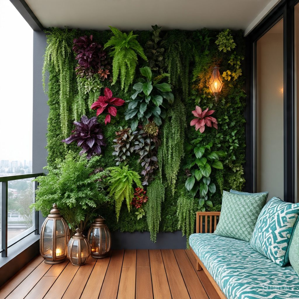 Balcony with vertical garden wall, wooden flooring, and lounge seating for a fresh and relaxing feel.