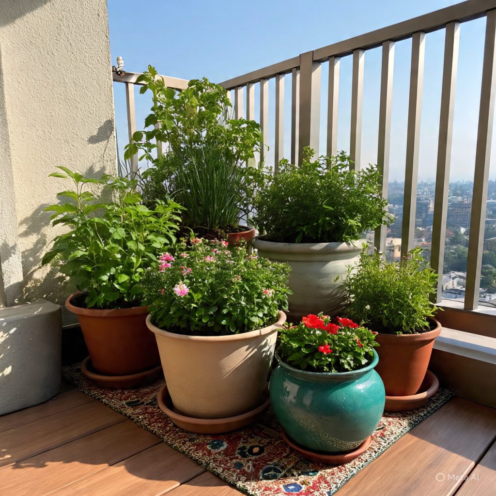Container gardening setup on balcony