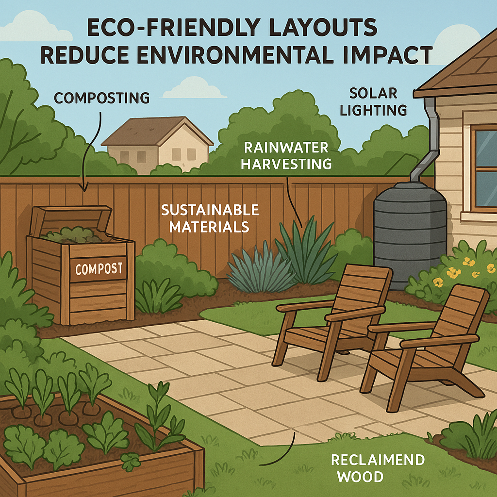 Eco-friendly backyard with compost bin, rain barrel, solar light, reclaimed wood furniture, and garden beds.