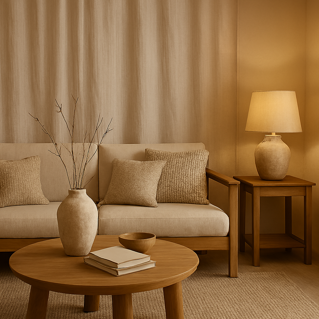 Minimalist home interior using wood, linen, and stone textures where designers create depth naturally