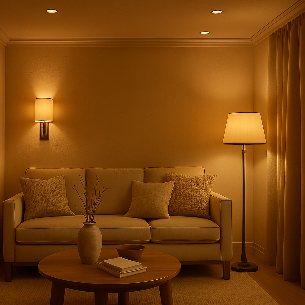 Layered lighting design eliminating dark corners using space enhancing decor tricks