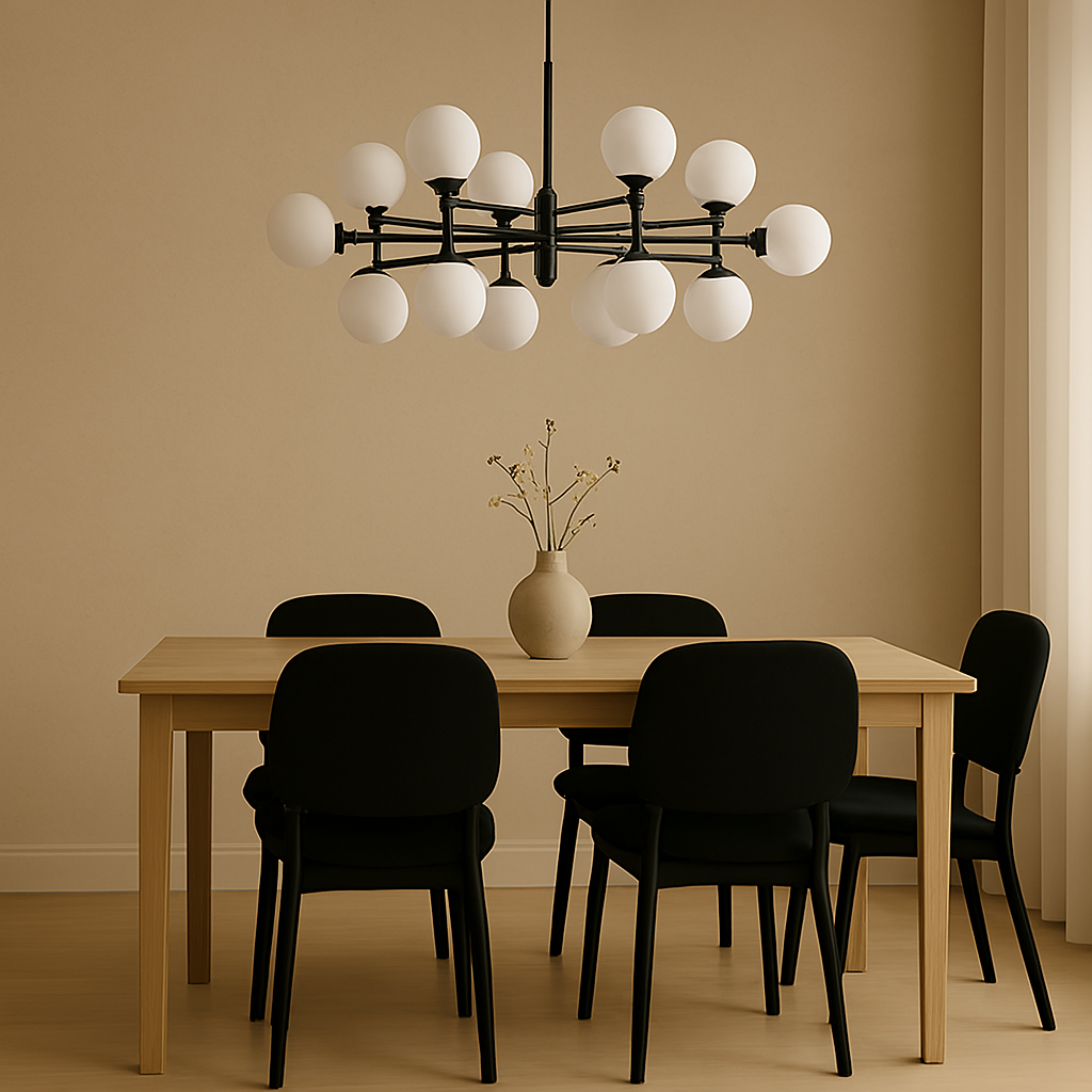 
Dining area with neutral décor and dramatic lighting.