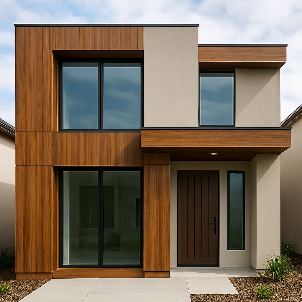 Front elevation materials with metal panels, railings, and linear elements to enhance modern architectural design