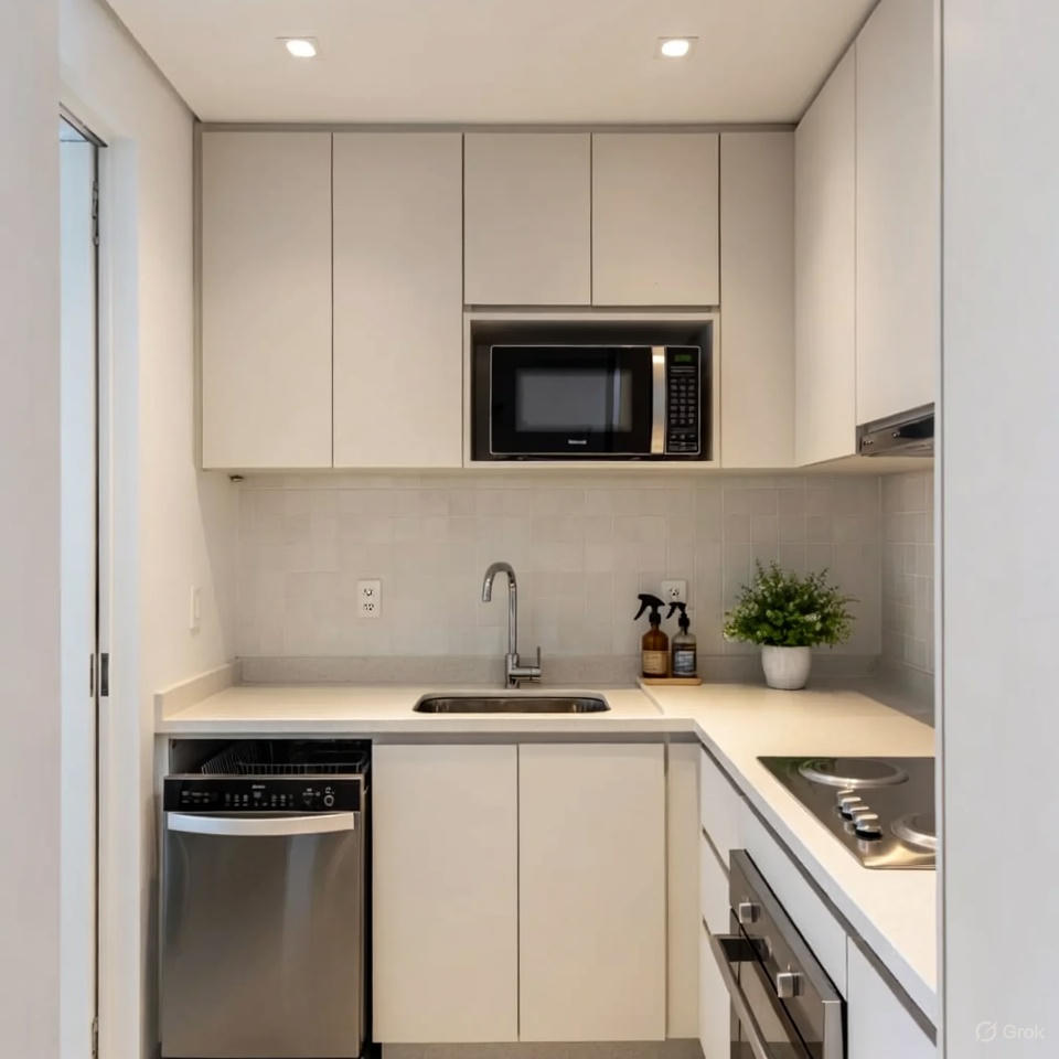 Small kitchen design featuring compact built-in appliances.