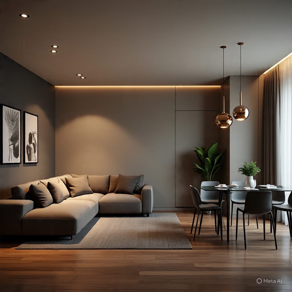 Open-plan interior using layered lighting-based home decor for zoning