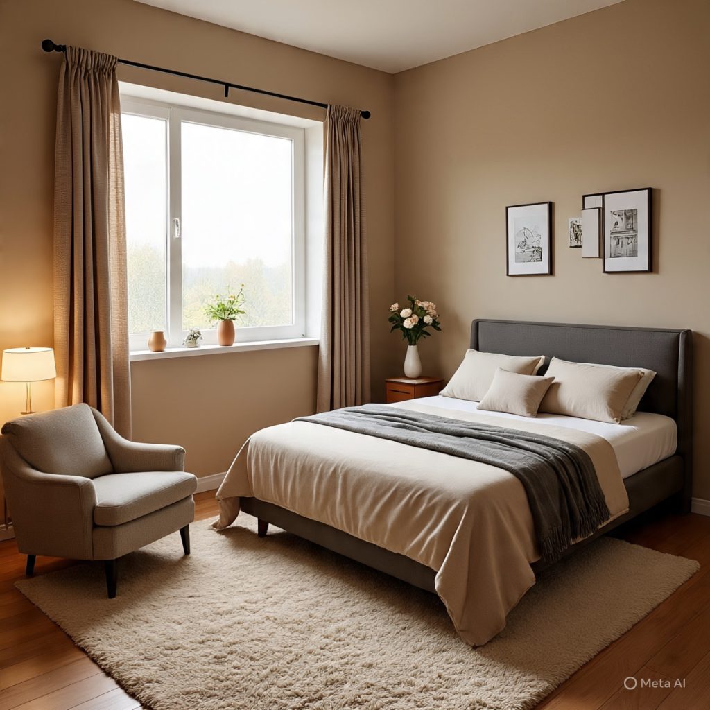 Warm Earth-Tone Bedroom Design featuring natural wood and soft textures.