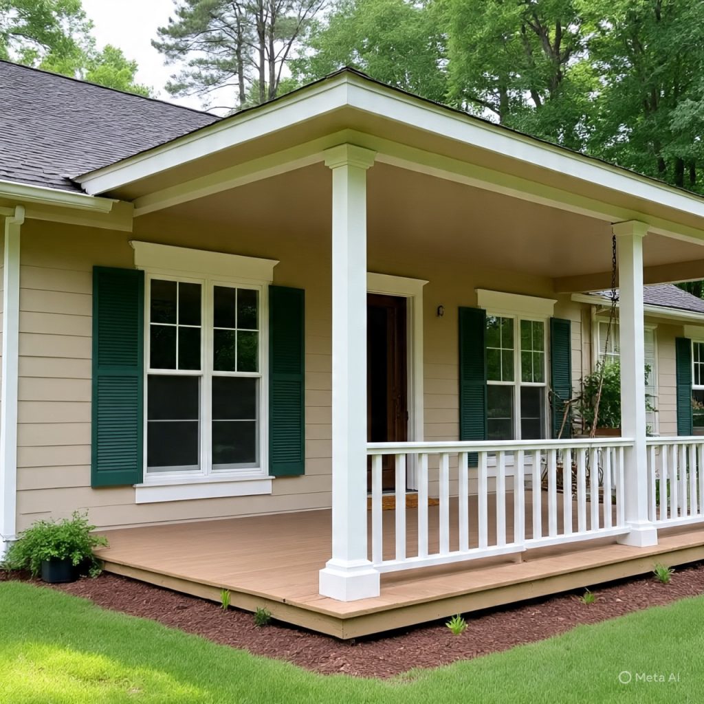 American Countryside Ranch Houses front elevation showing wide porch, large windows, and horizontal lines