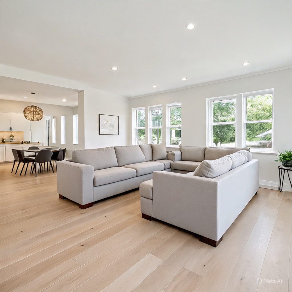 Open-plan interior with consistent flooring and timeless décor style