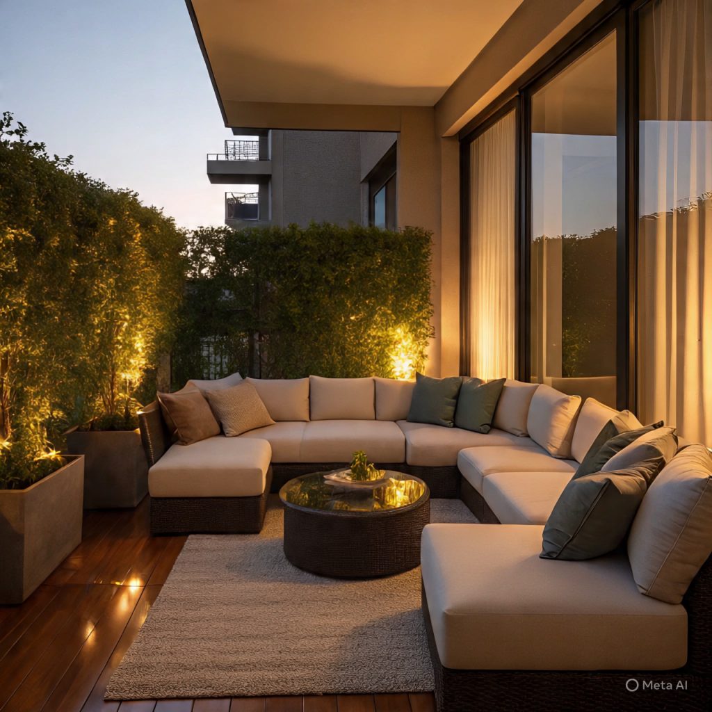 Luxury balcony lounge with plush seating, decorative lighting, and sunset views for a hotel-inspired look.
