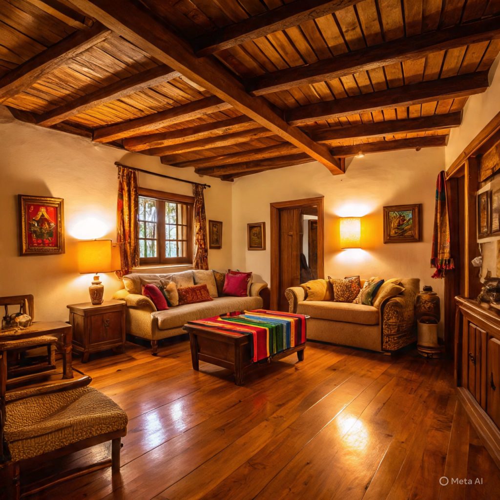 Warm wooden interior of rural Colombian home