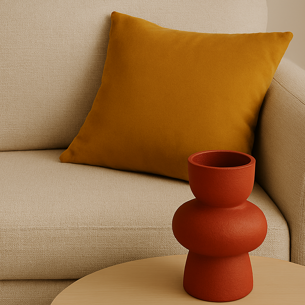 Textured neutral fabrics paired with colorful accent elements.