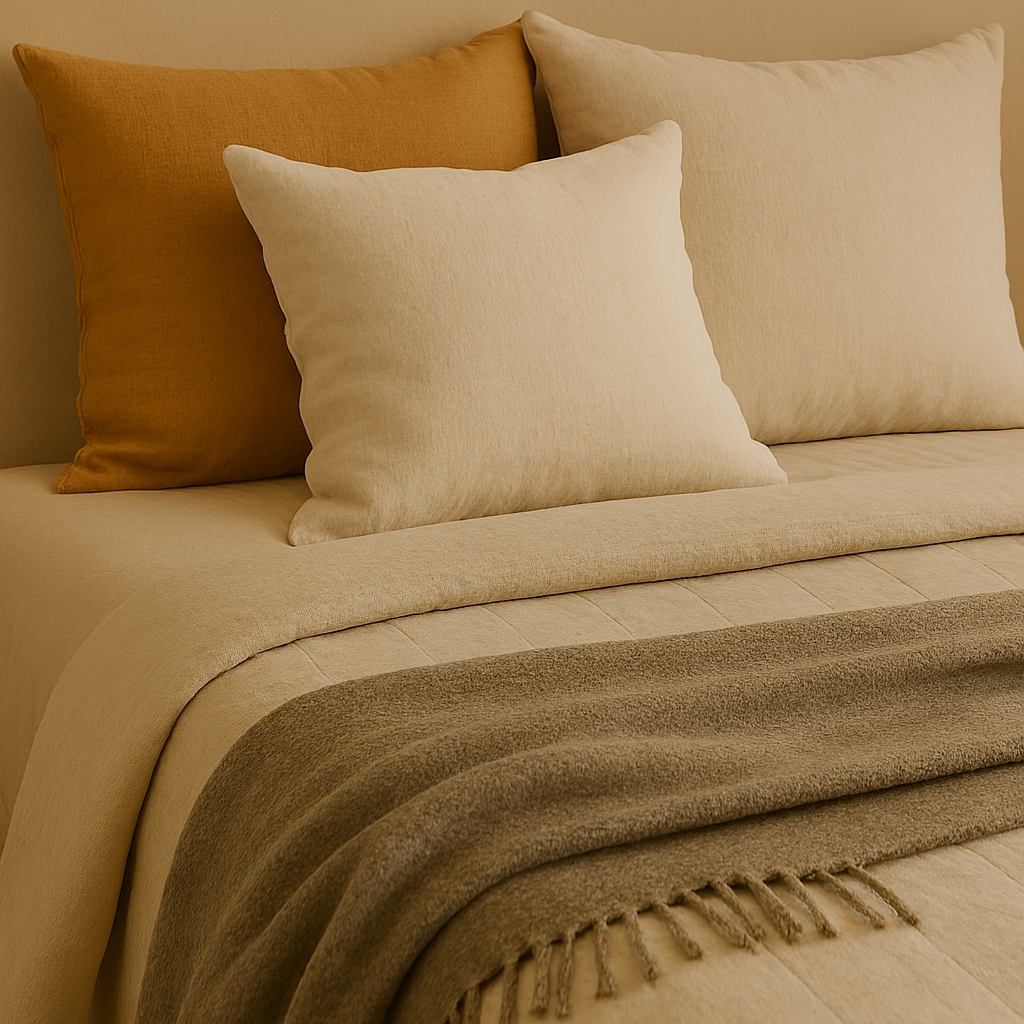 Small bedroom styled with light earth tones for visual openness.