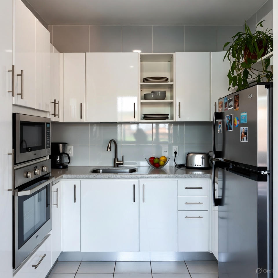 Small kitchen design idea using reflective surfaces for openness.