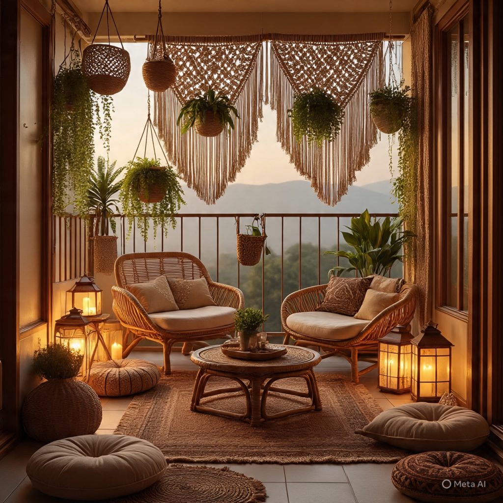 Boho-style balcony retreat with rattan furniture, layered rugs, hanging plants, and warm earthy colors.