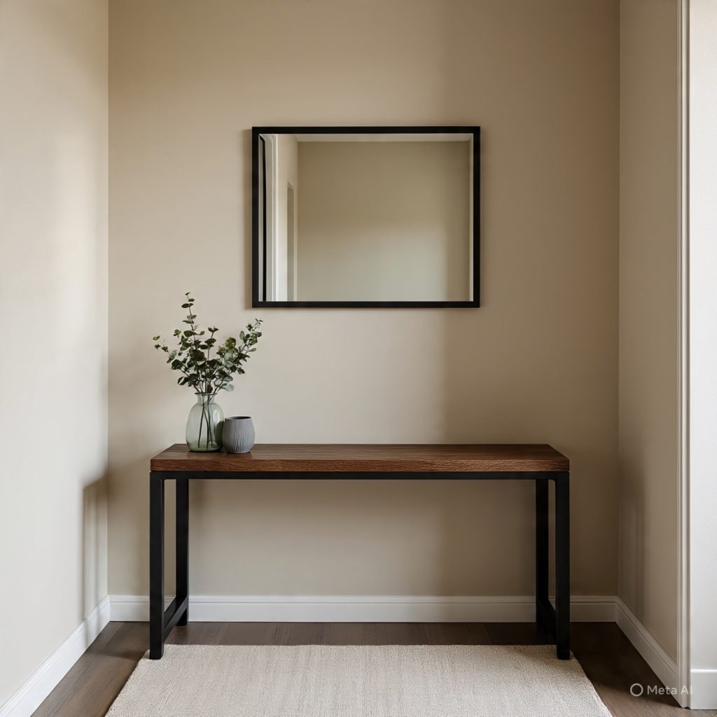 Small entryway styled with mirror and console table in a clean modern look