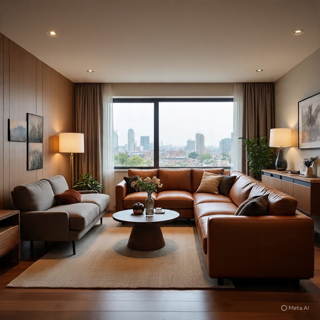 Open-plan living area with layered furniture placement explaining how designers create depth and balance