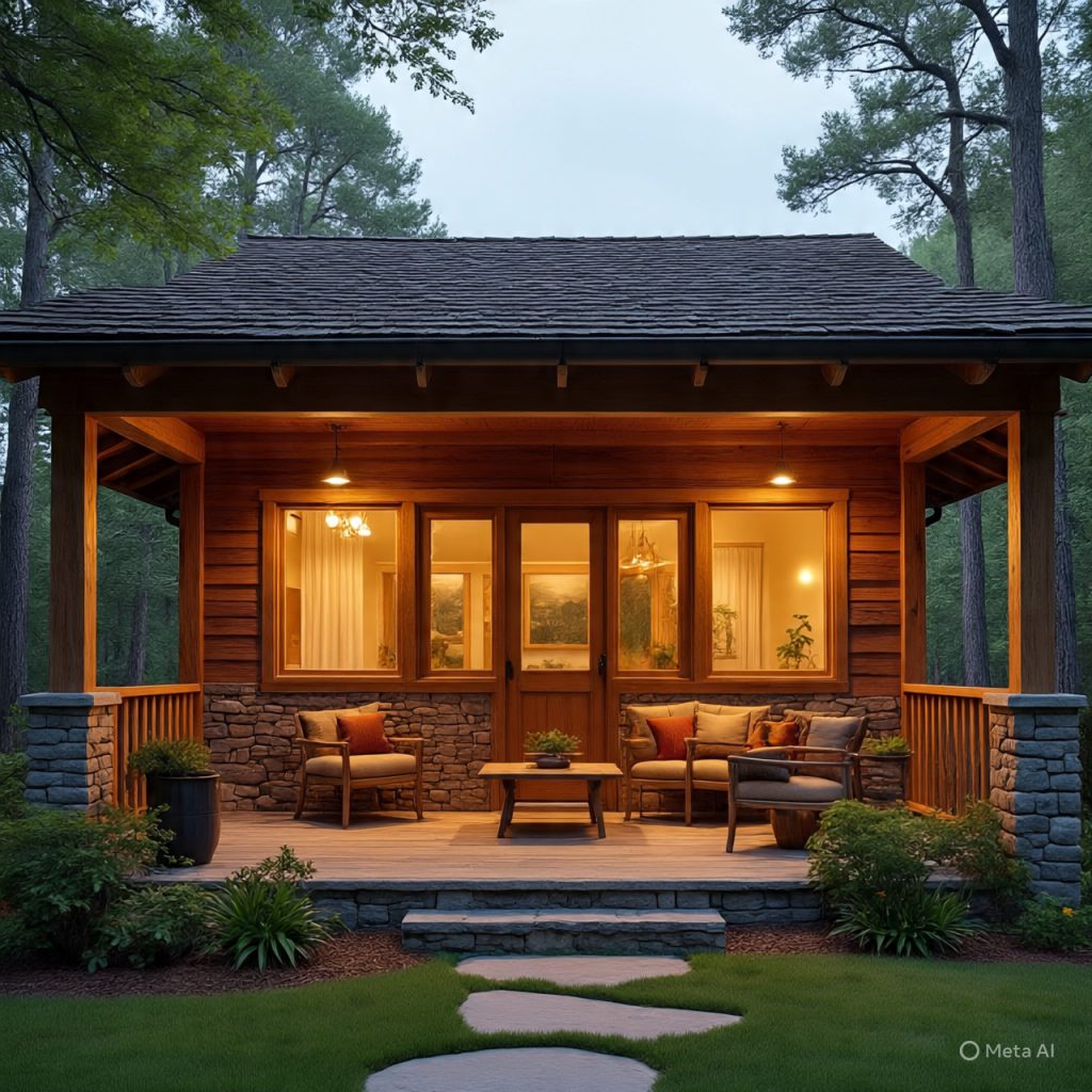 Covered veranda of a cold-climate ranch house